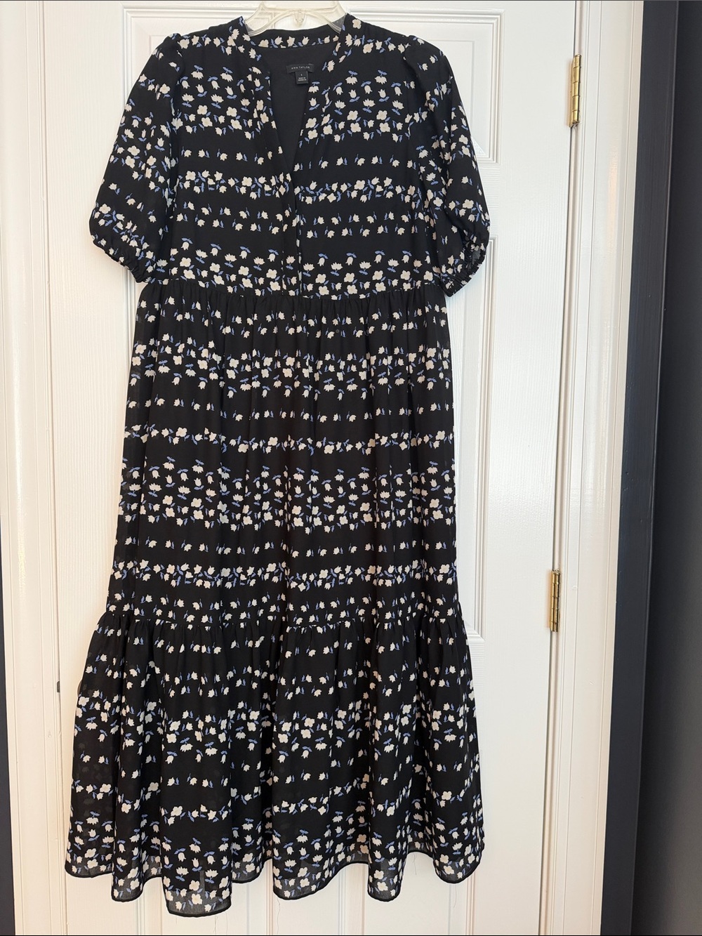 Black Floral Midi Dress with Puff Sleeves
